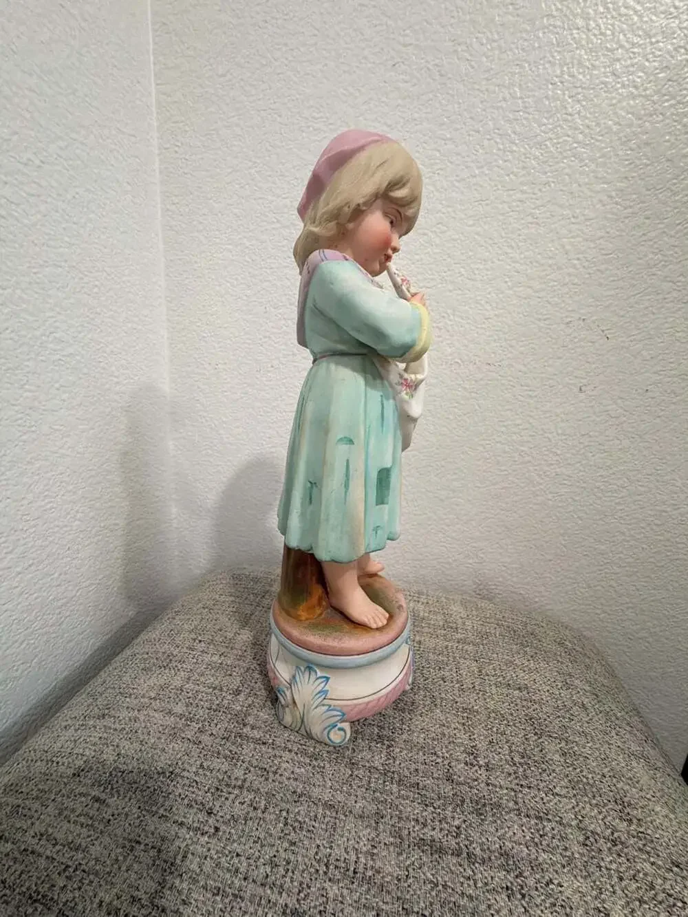 Antique German Bisque Porcelain Figurine Young Girl in Bonnet Holding Cloth